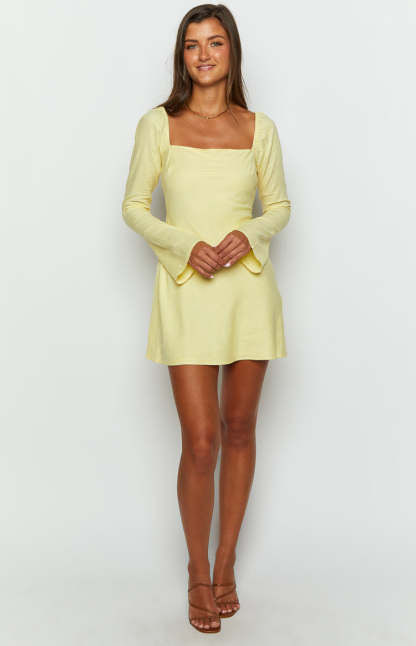 Arna Yellow Long Sleeve Mini Dress-Vavasi.All Rights Reserved.