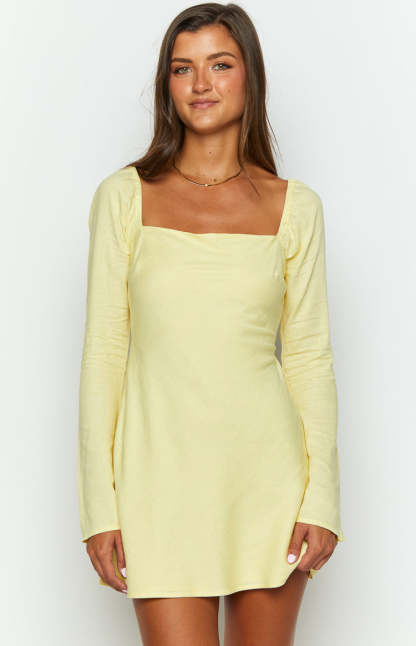 Arna Yellow Long Sleeve Mini Dress-Vavasi.All Rights Reserved.