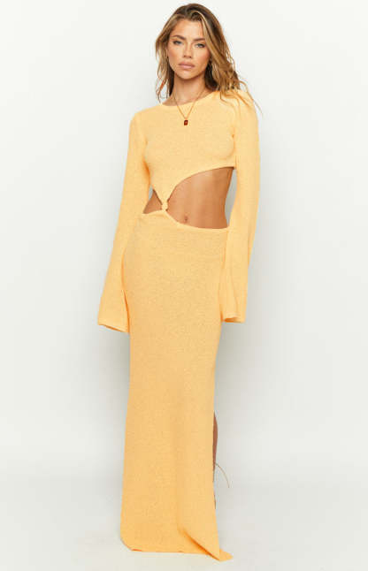 Arya Yellow Long Sleeve Knit Maxi Dress-Vavasi.All Rights Reserved.