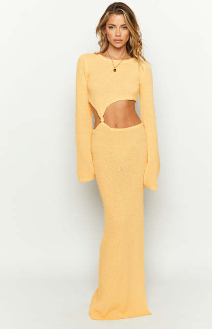 Arya Yellow Long Sleeve Knit Maxi Dress-Vavasi.All Rights Reserved.