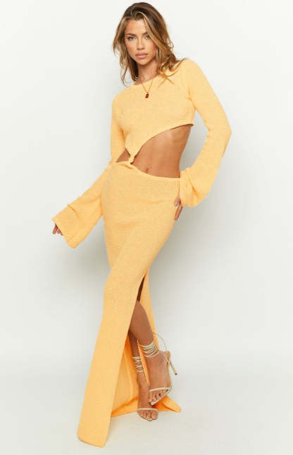 Arya Yellow Long Sleeve Knit Maxi Dress-Vavasi.All Rights Reserved.