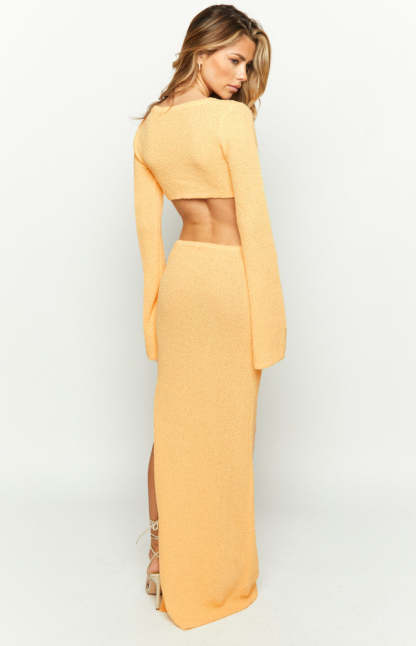 Arya Yellow Long Sleeve Knit Maxi Dress-Vavasi.All Rights Reserved.