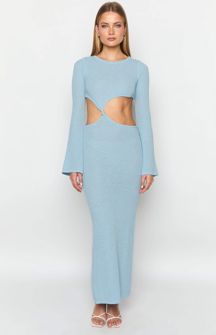 Arya Blue Long Sleeve Knit Maxi Dress-Vavasi.All Rights Reserved.