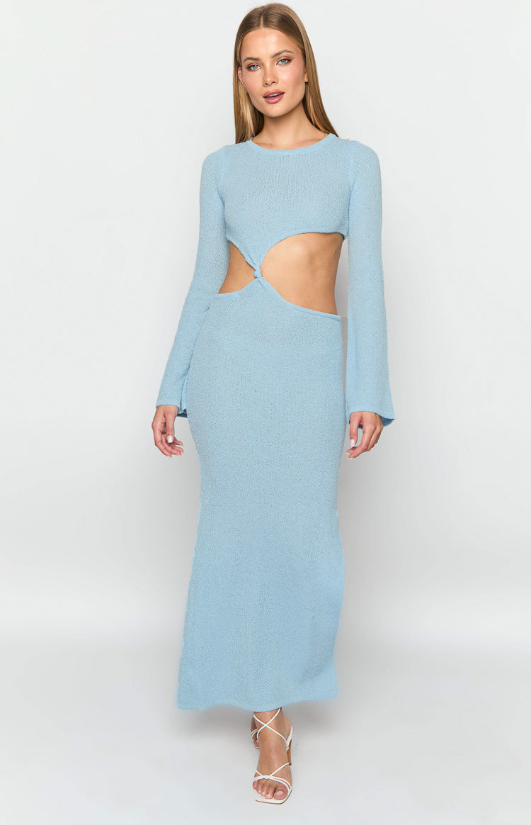 Arya Blue Long Sleeve Knit Maxi Dress-Vavasi.All Rights Reserved.