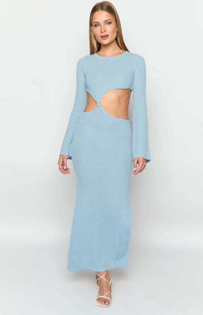 Arya Blue Long Sleeve Knit Maxi Dress-Vavasi.All Rights Reserved.