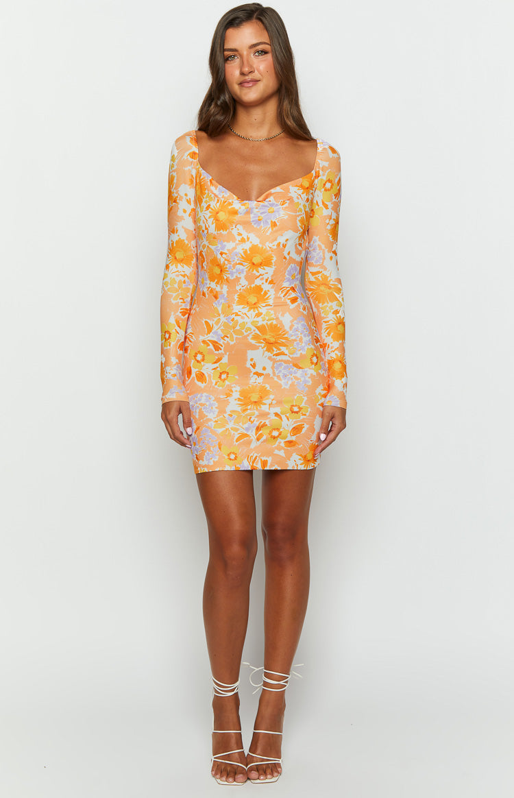 Ashi Orange Floral Long Sleeve Mini Dress-Vavasi.All Rights Reserved.