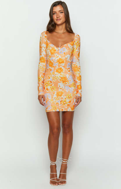 Ashi Orange Floral Long Sleeve Mini Dress-Vavasi.All Rights Reserved.