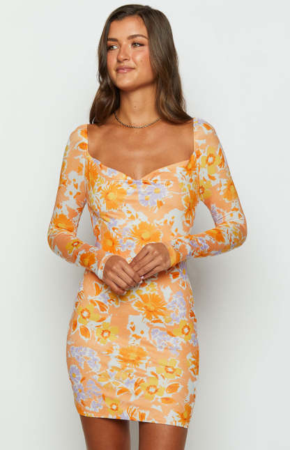 Ashi Orange Floral Long Sleeve Mini Dress-Vavasi.All Rights Reserved.