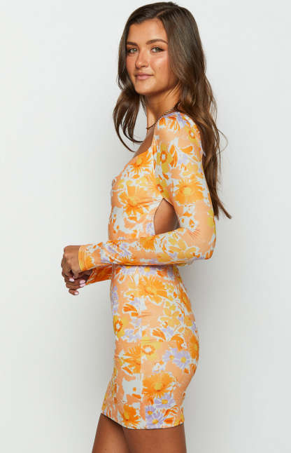 Ashi Orange Floral Long Sleeve Mini Dress-Vavasi.All Rights Reserved.