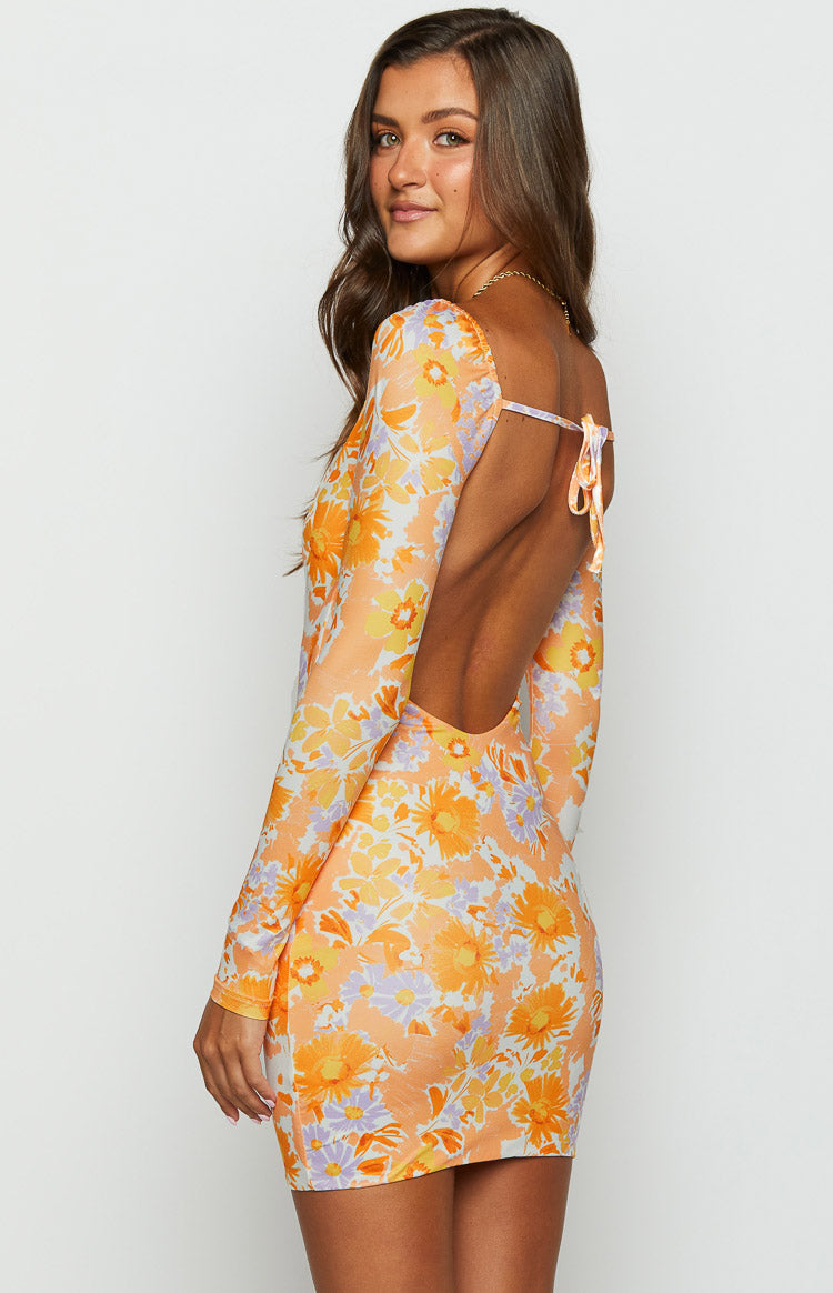 Ashi Orange Floral Long Sleeve Mini Dress-Vavasi.All Rights Reserved.