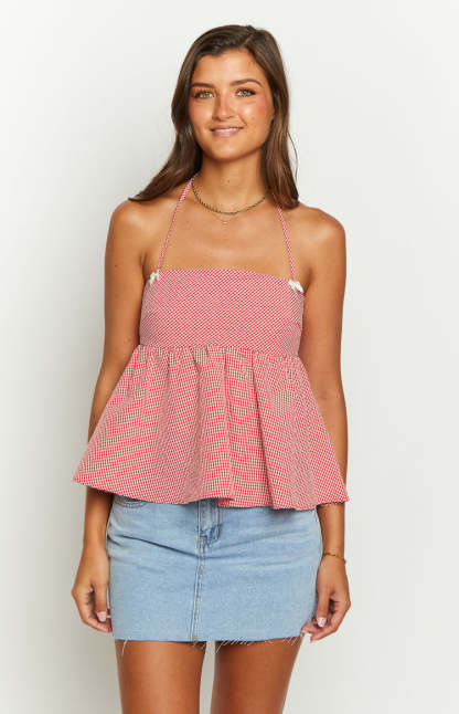 Aspen Red Gingham Halter Top-Vavasi.All Rights Reserved.