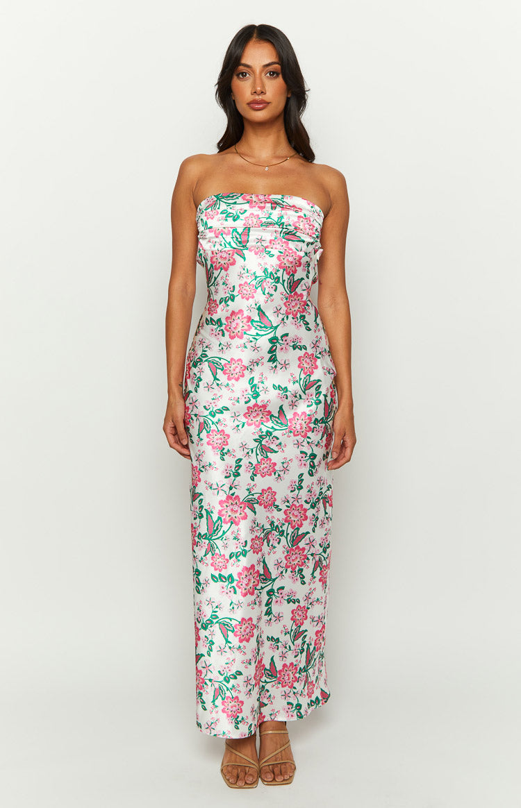 Astra Strapless Floral Satin Midi Dress-Vavasi.All Rights Reserved.