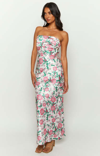 Astra Strapless Floral Satin Midi Dress-Vavasi.All Rights Reserved.
