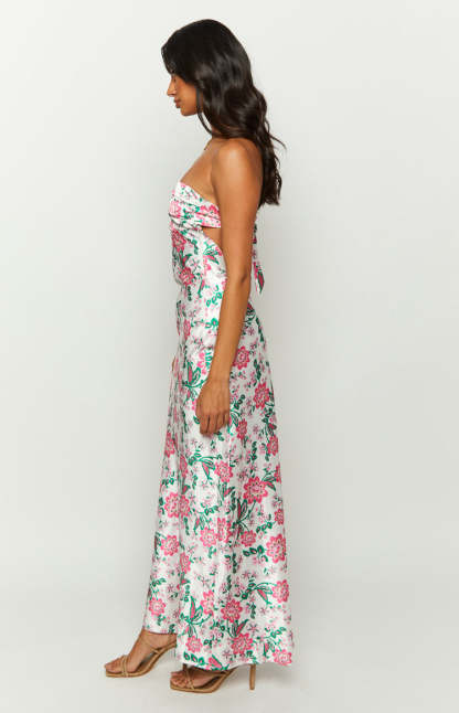 Astra Strapless Floral Satin Midi Dress-Vavasi.All Rights Reserved.