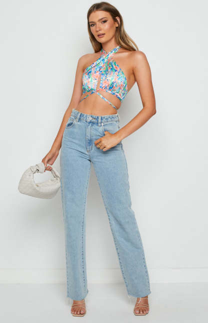 Aubrey Blue Printed Halter Top-Vavasi.All Rights Reserved.