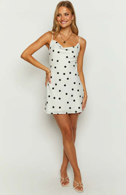Aura Cowl Neck Polka Dot Mini Dress-Vavasi.All Rights Reserved.