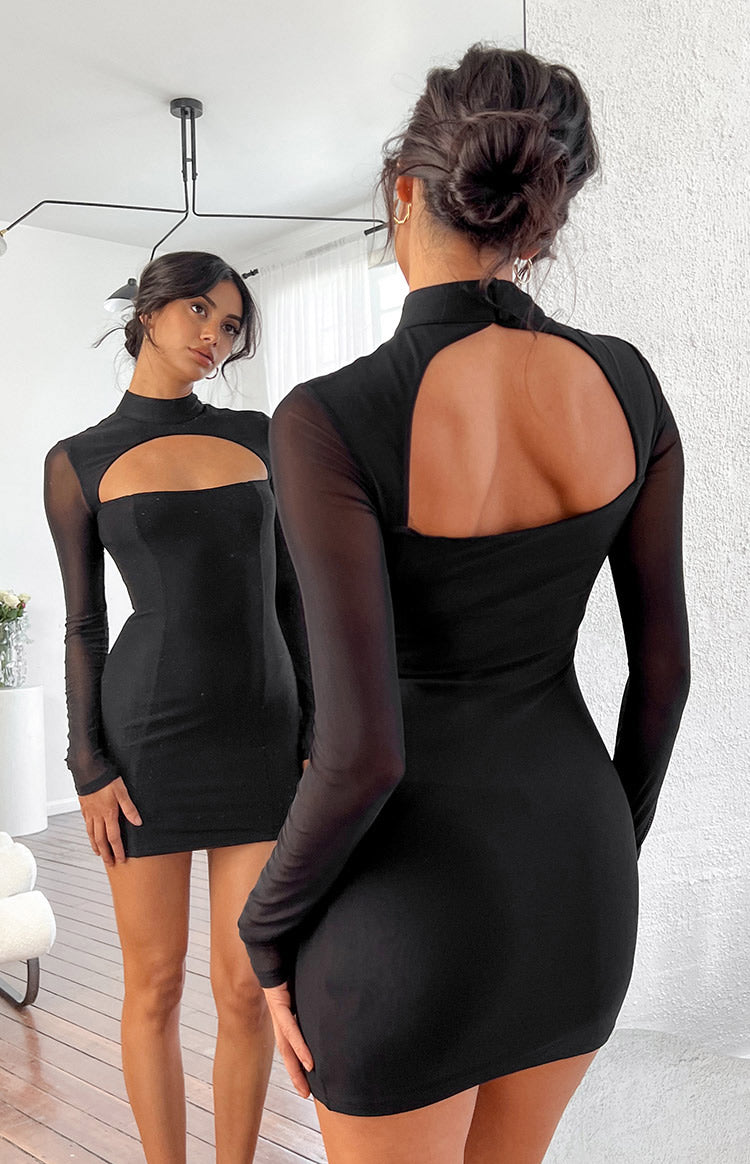 Aurora Black Mesh Long Sleeve Mini Dress-Vavasi.All Rights Reserved.
