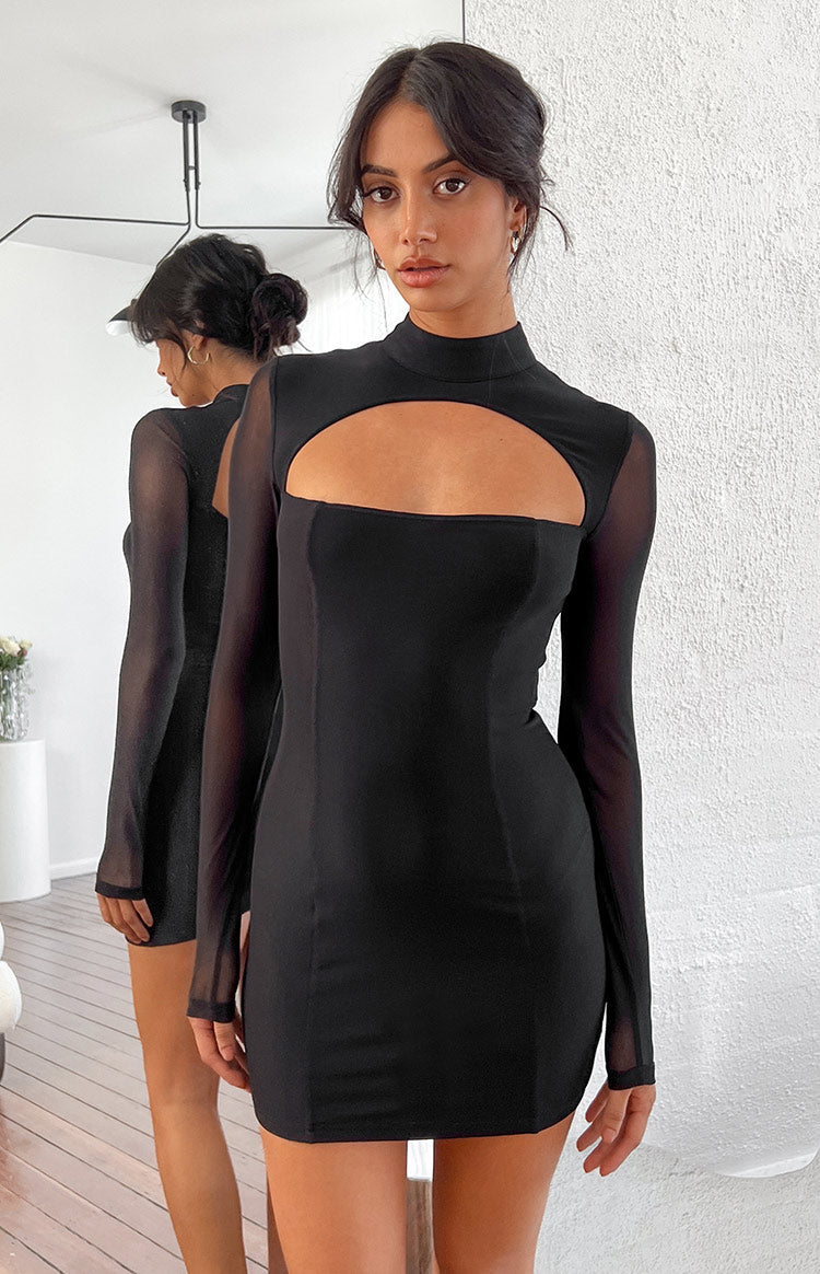 Aurora Black Mesh Long Sleeve Mini Dress-Vavasi.All Rights Reserved.