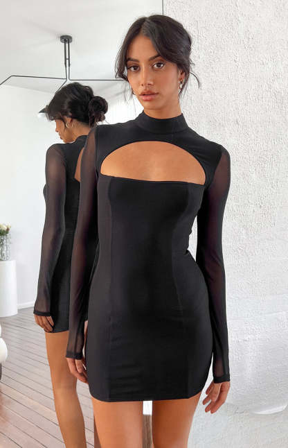 Aurora Black Mesh Long Sleeve Mini Dress-Vavasi.All Rights Reserved.
