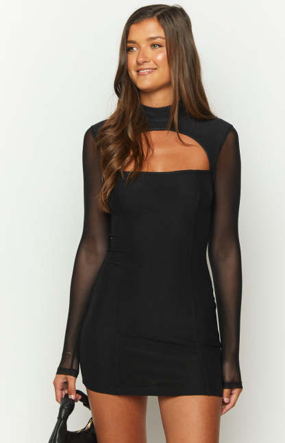 Aurora Black Mesh Long Sleeve Mini Dress-Vavasi.All Rights Reserved.