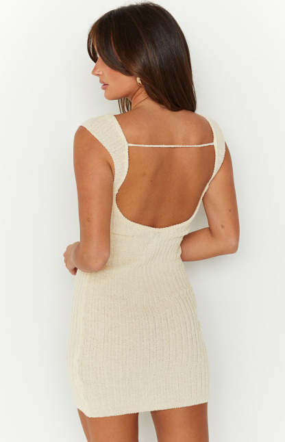 Aveline Beige Knit Mini Dress-Vavasi.All Rights Reserved.