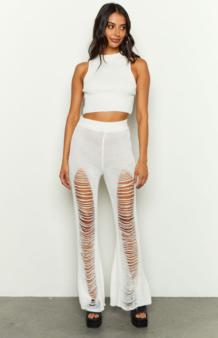 Aviva White Ladder Knit Flare Pants-Vavasi.All Rights Reserved.
