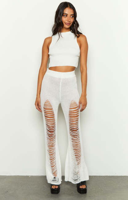 Aviva White Ladder Knit Flare Pants-Vavasi.All Rights Reserved.