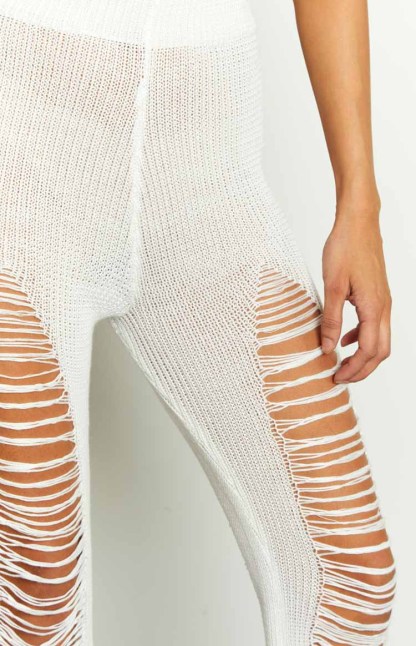 Aviva White Ladder Knit Flare Pants-Vavasi.All Rights Reserved.