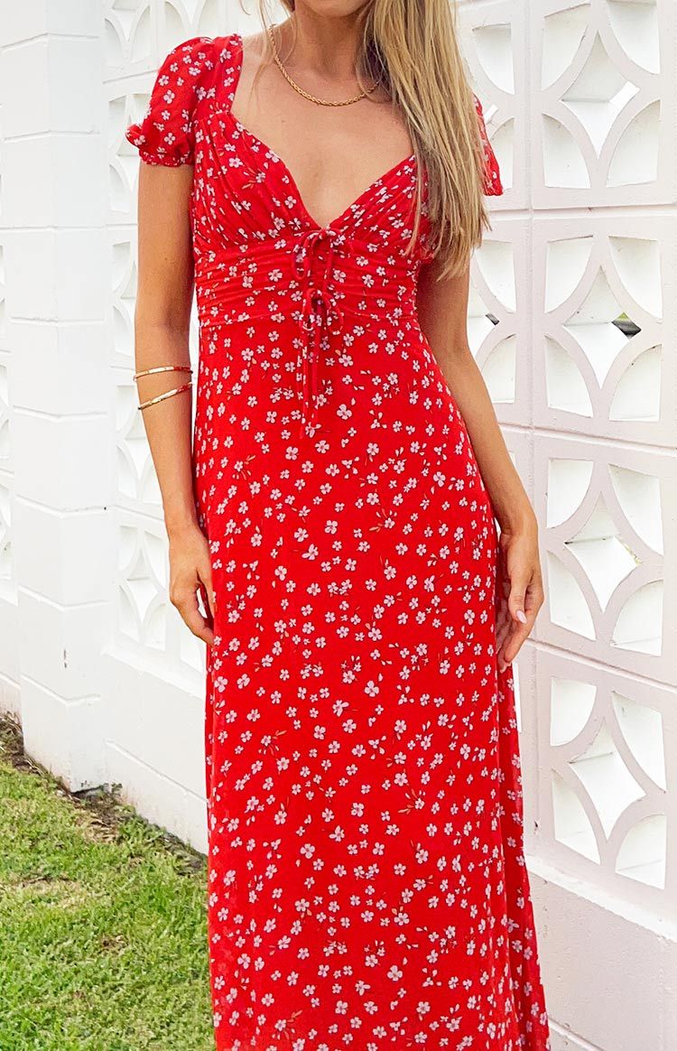 Ayla Red Floral Short Sleeve Maxi Dress-Vavasi.All Rights Reserved.