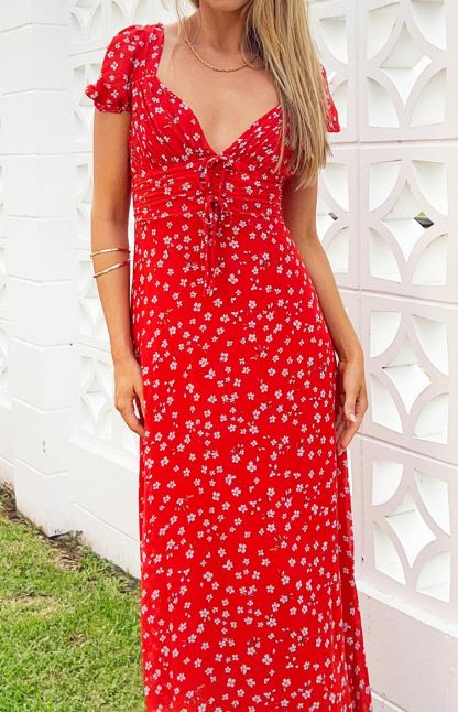 Ayla Red Floral Short Sleeve Maxi Dress-Vavasi.All Rights Reserved.