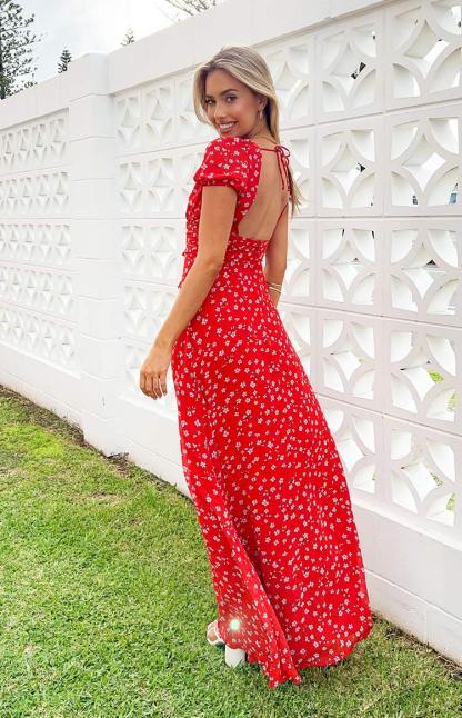 Ayla Red Floral Short Sleeve Maxi Dress-Vavasi.All Rights Reserved.