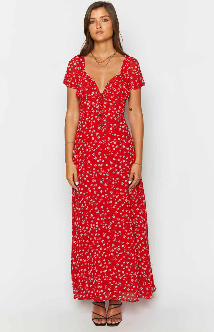 Ayla Red Floral Short Sleeve Maxi Dress-Vavasi.All Rights Reserved.