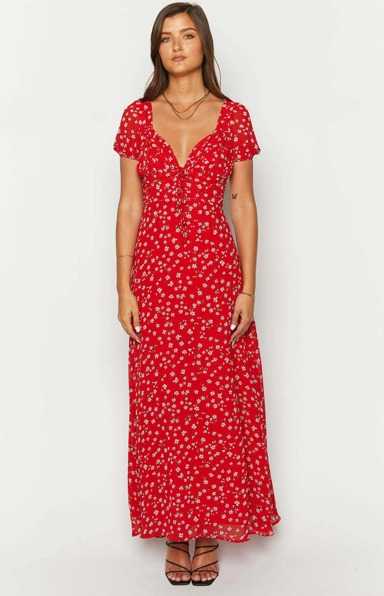 Ayla Red Floral Short Sleeve Maxi Dress-Vavasi.All Rights Reserved.