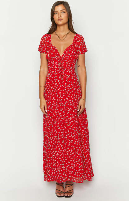 Ayla Red Floral Short Sleeve Maxi Dress-Vavasi.All Rights Reserved.
