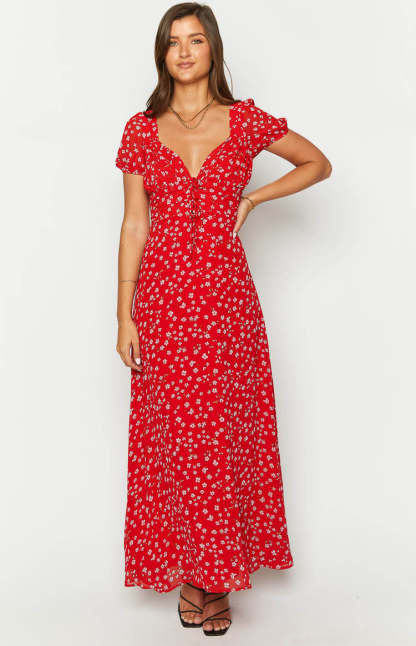 Ayla Red Floral Short Sleeve Maxi Dress-Vavasi.All Rights Reserved.