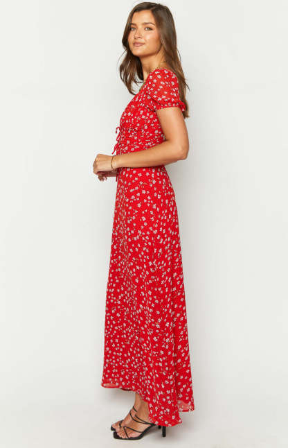 Ayla Red Floral Short Sleeve Maxi Dress-Vavasi.All Rights Reserved.