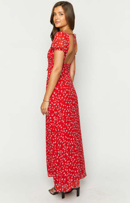 Ayla Red Floral Short Sleeve Maxi Dress-Vavasi.All Rights Reserved.