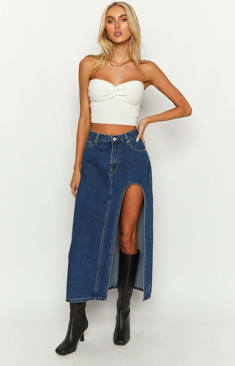 Aysha Dark Wash Denim Midi Skirt-Vavasi.All Rights Reserved.