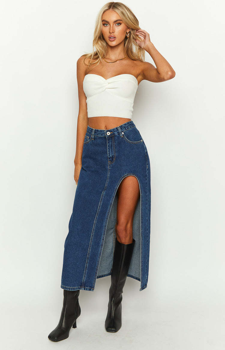 Aysha Dark Wash Denim Midi Skirt-Vavasi.All Rights Reserved.