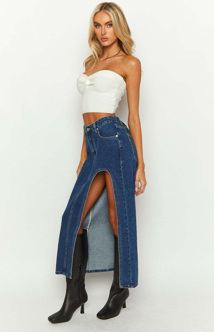 Aysha Dark Wash Denim Midi Skirt-Vavasi.All Rights Reserved.