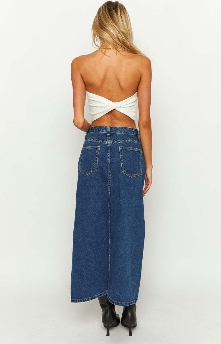 Aysha Dark Wash Denim Midi Skirt-Vavasi.All Rights Reserved.