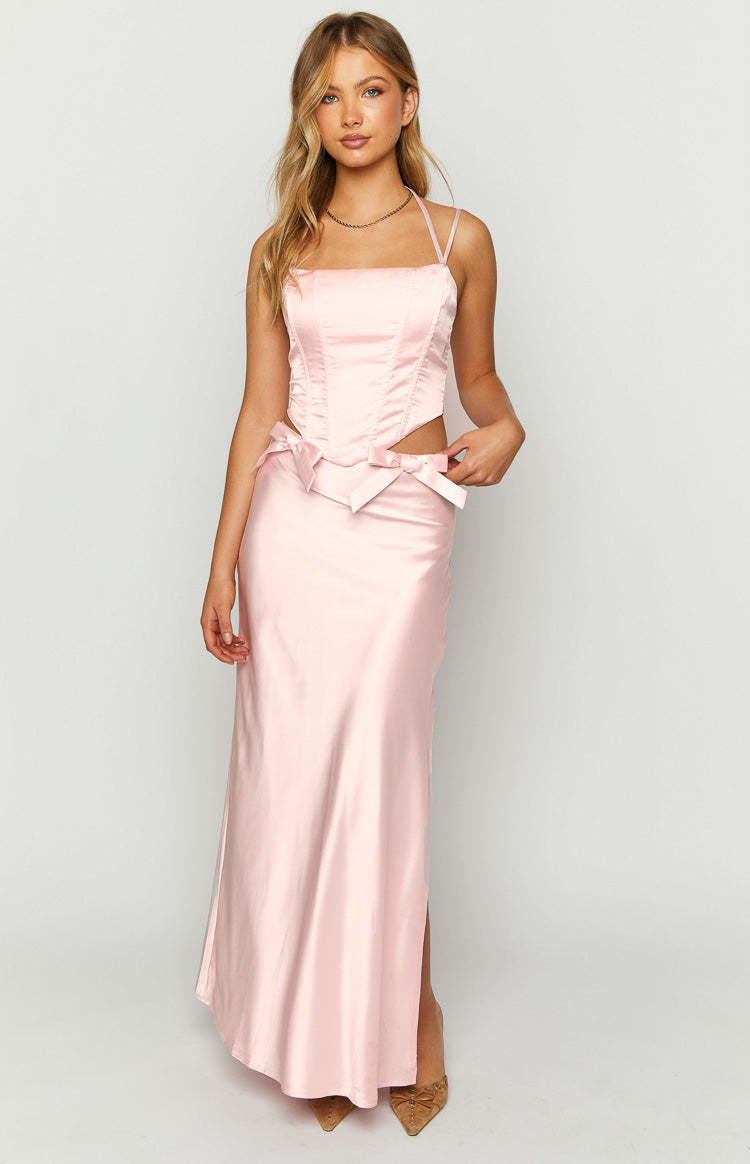 Azriel Pink Satin Bow Maxi Skirt-Vavasi.All Rights Reserved.