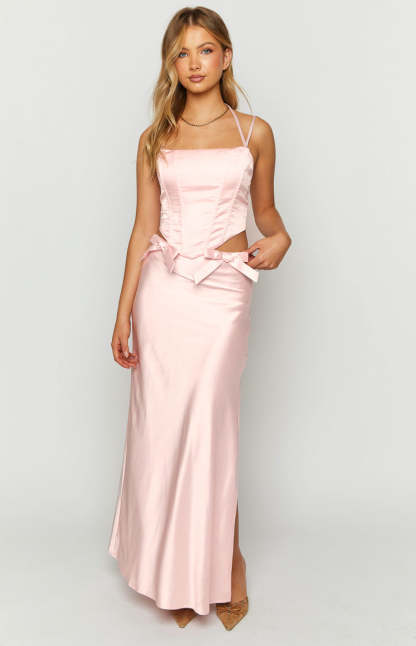 Azriel Pink Satin Bow Maxi Skirt-Vavasi.All Rights Reserved.