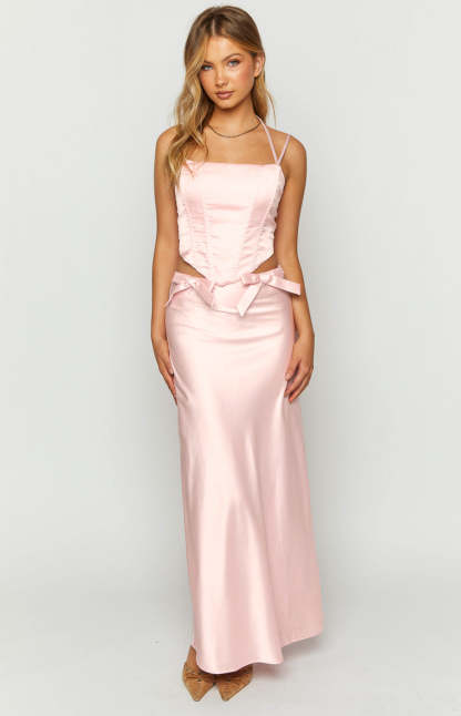 Azriel Pink Satin Bow Maxi Skirt-Vavasi.All Rights Reserved.