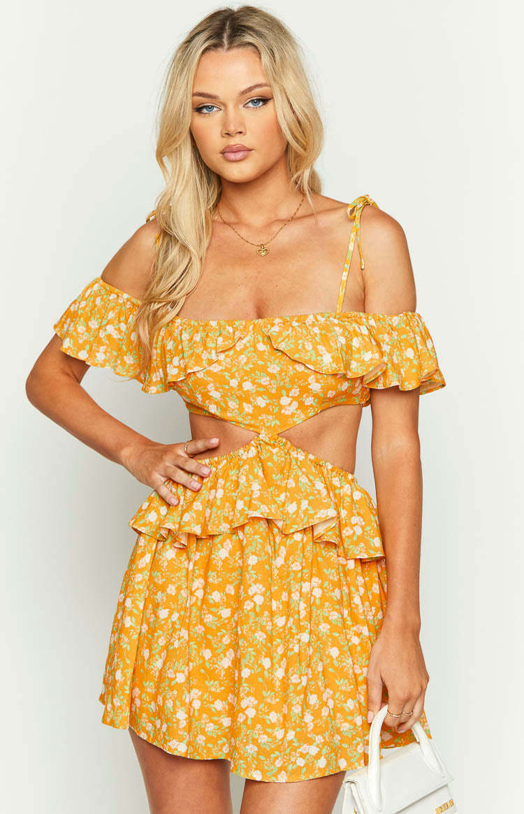 Alyssa Orange Floral Ruffle Mini Dress-Vavasi.All Rights Reserved.