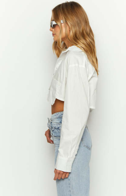 Bestie White Button Up Crop Shirt-Vavasi.All Rights Reserved.
