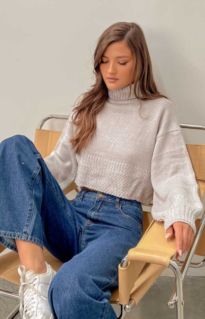 Betty Grey Chunky Roll Neck Sweater-Vavasi.All Rights Reserved.