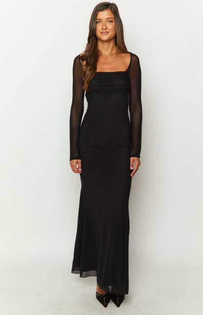 Beverley Black Mesh Long Sleeve Maxi Dress-Vavasi.All Rights Reserved.