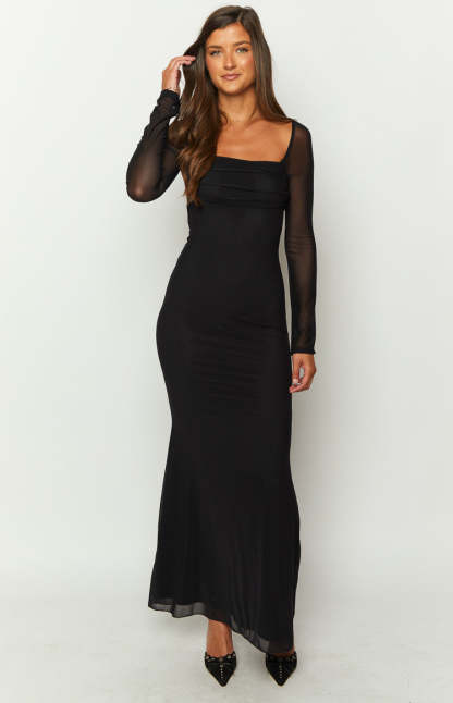 Beverley Black Mesh Long Sleeve Maxi Dress-Vavasi.All Rights Reserved.