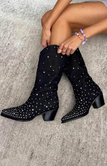 Billini Deniz Black Denim Cowboy Boots-Vavasi.All Rights Reserved.